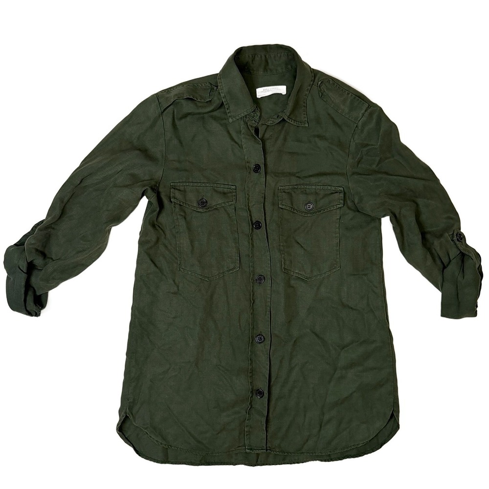 Zara Woman Olive Green Utility Button Down Roll Tab Sleeve Shirt XS